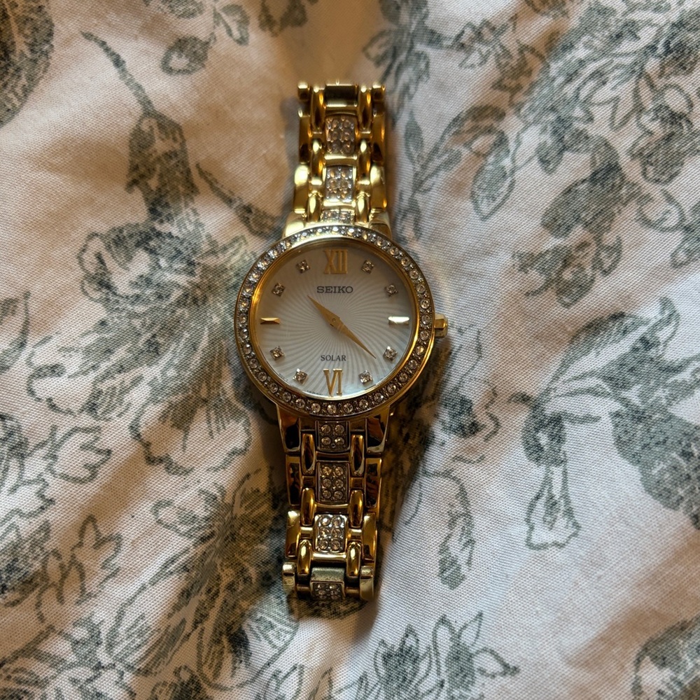 Seiko Gold-Tone Women's Solar Bracelet Watch with Crystal Accents